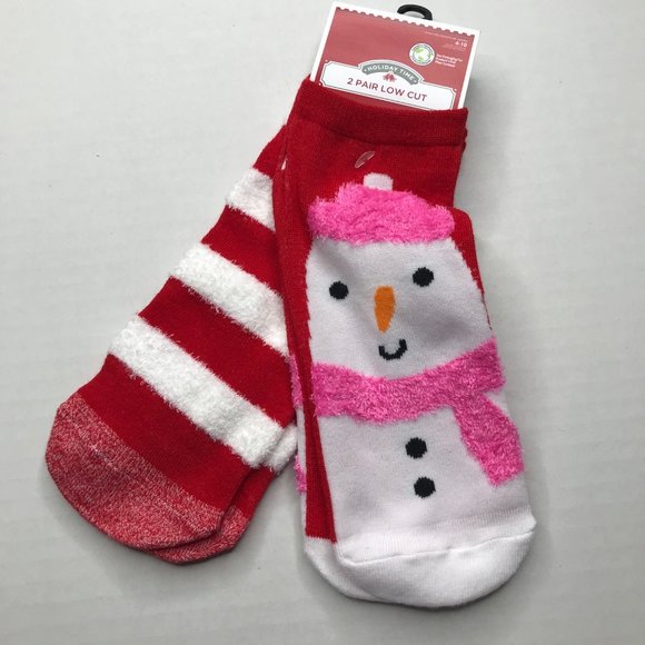 2 Pair Pack Holiday Time Women's Low Cut Socks Red/White Snow Man Size 4-10 New - Picture 3 of 6